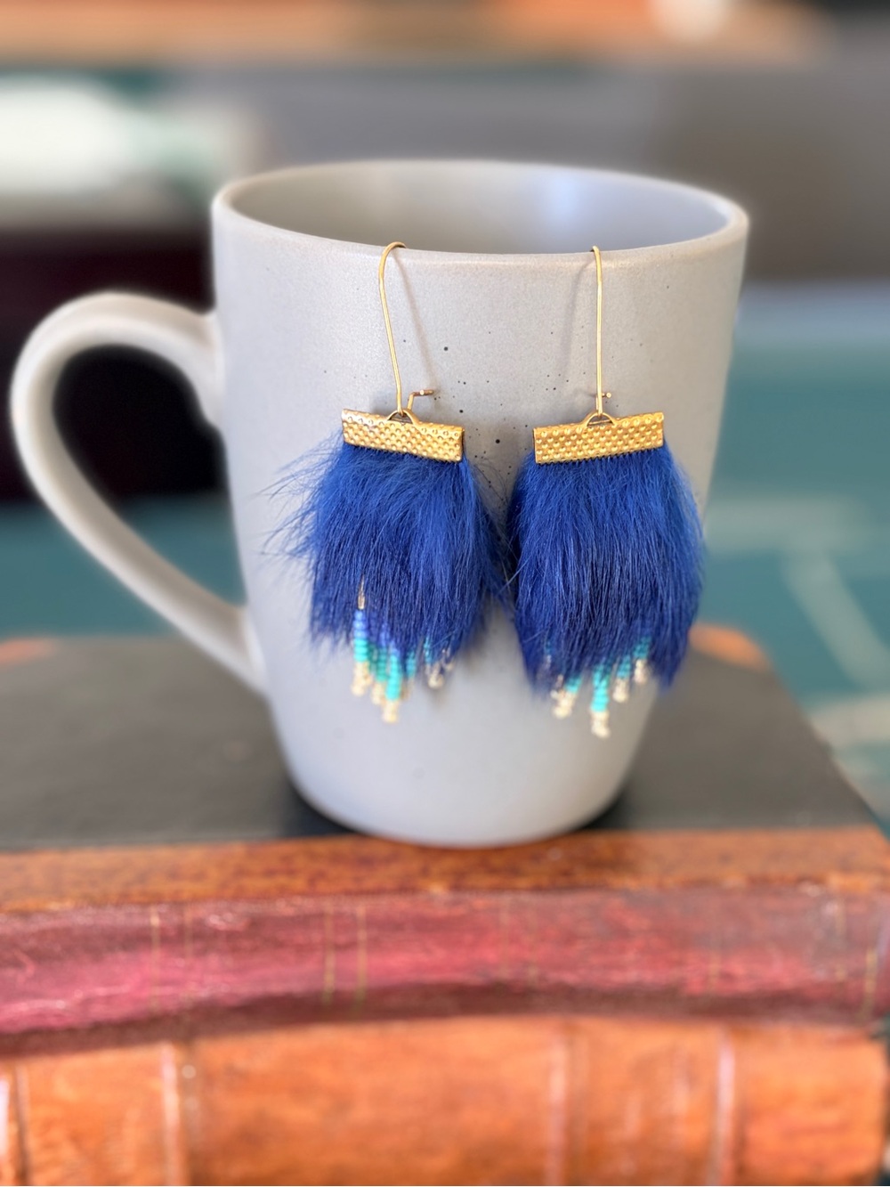 Gold & Royal Blue Fur Drop Earrings by